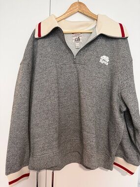 Roots Grey Crewneck Sweater with Cream Collar and Red Stripe